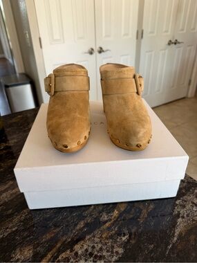 Veronica Beard Tan Suede Studded Buckle Clog Mules